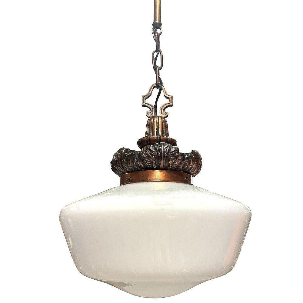 American Art Deco Copper Acanthus Leaf Hanging Pendant Light w/ Opal Schoolhouse Globe For Sale