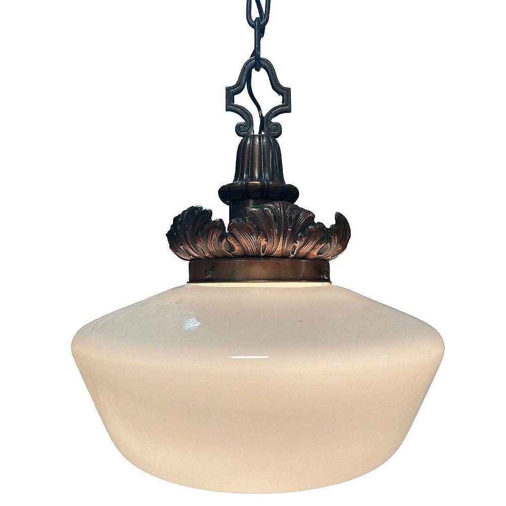Art Deco Copper Acanthus Leaf Hanging Pendant Light w/ Opal Schoolhouse Globe In Excellent Condition For Sale In Van Nuys, CA