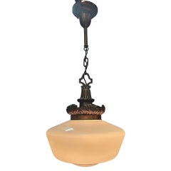 Art Deco Copper Acanthus Leaf Hanging Pendant Light w/ Opal Schoolhouse Globe
