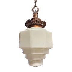 Art Deco Copper Acanthus Leaf Hanging Pendant Light w/ Stepped Milk Glass Shade