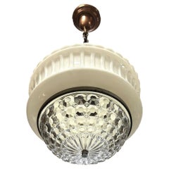 Art Deco Copper Acanthus Leaf Pendant Light w/ Crystal & Milk Glass Acorn Shade