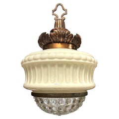 Art Deco Copper Acanthus Leaf Pendant Light w/ Crystal & Milk Glass Acorn Shade