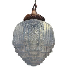 Art Deco Copper Acanthus Leaf Pendant Light w Skyscraper Cobalt Blue Glass Shade