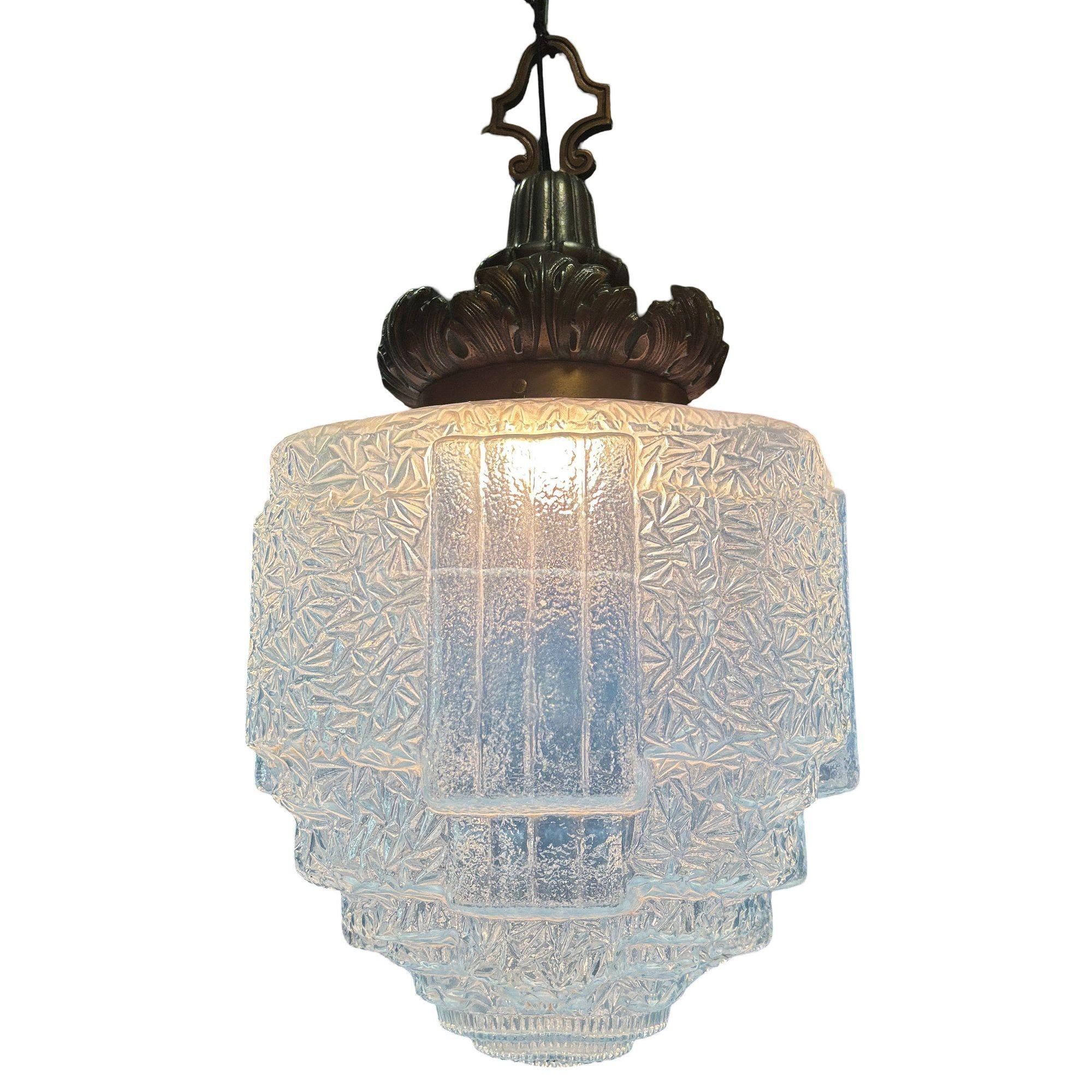 Art Deco Copper Acanthus Leaf Pendant Light w Skyscraper Cobalt Blue Glass Shade In Excellent Condition For Sale In Van Nuys, CA