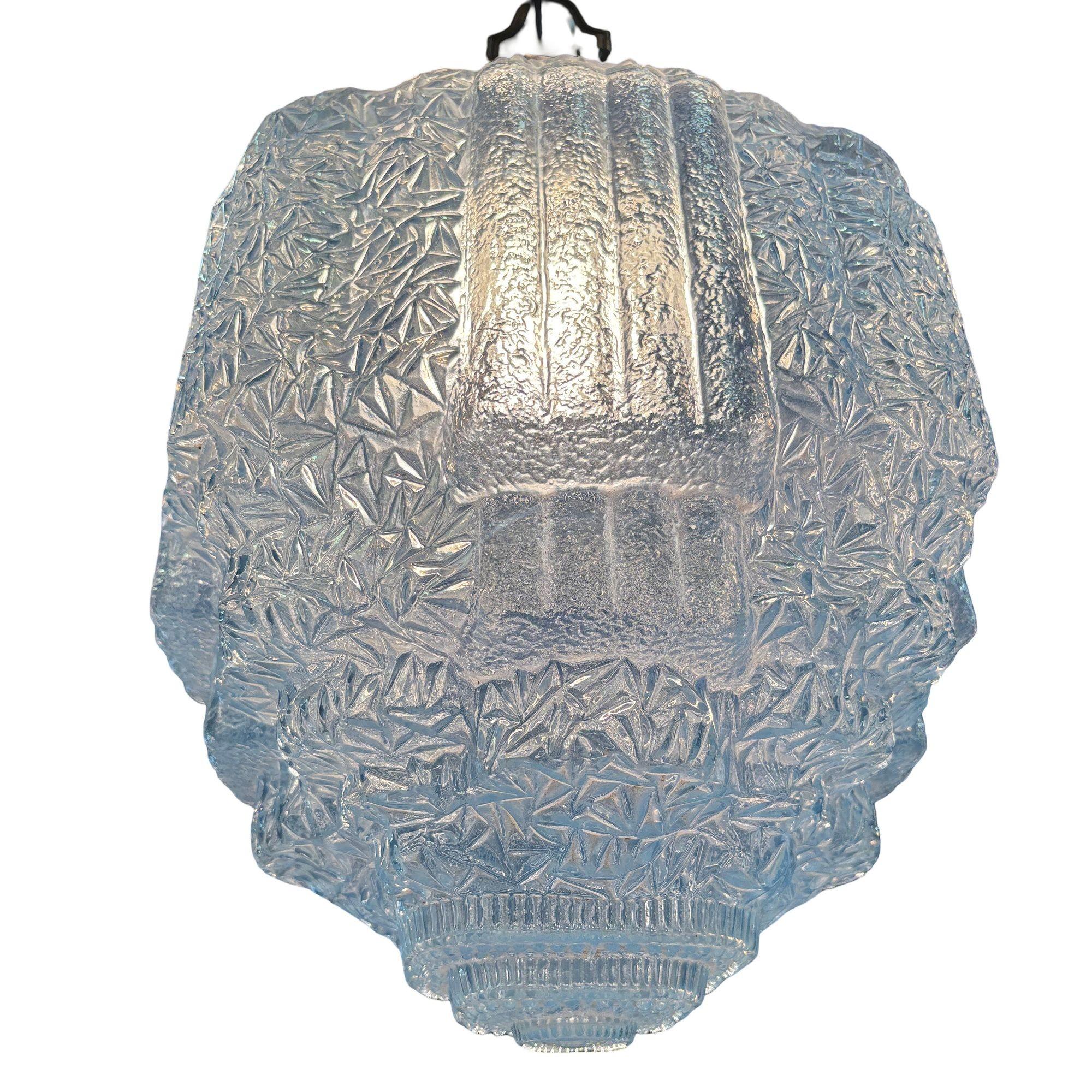 Mid-20th Century Art Deco Copper Acanthus Leaf Pendant Light w Skyscraper Cobalt Blue Glass Shade For Sale