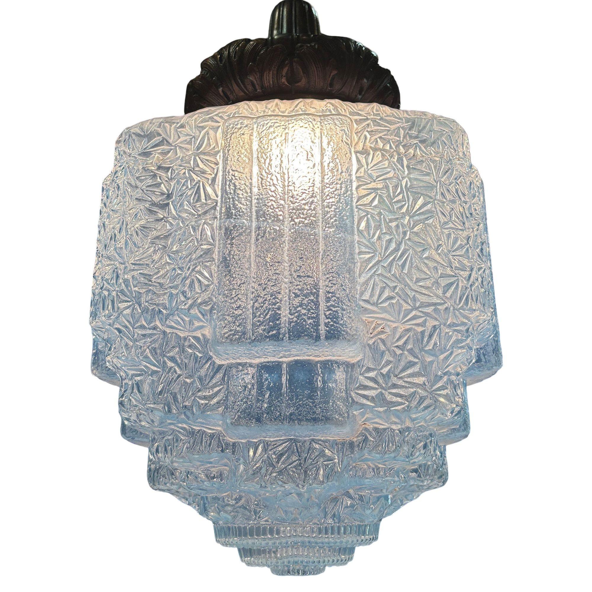 Art Deco Copper Acanthus Leaf Pendant Light w Skyscraper Cobalt Blue Glass Shade For Sale 2