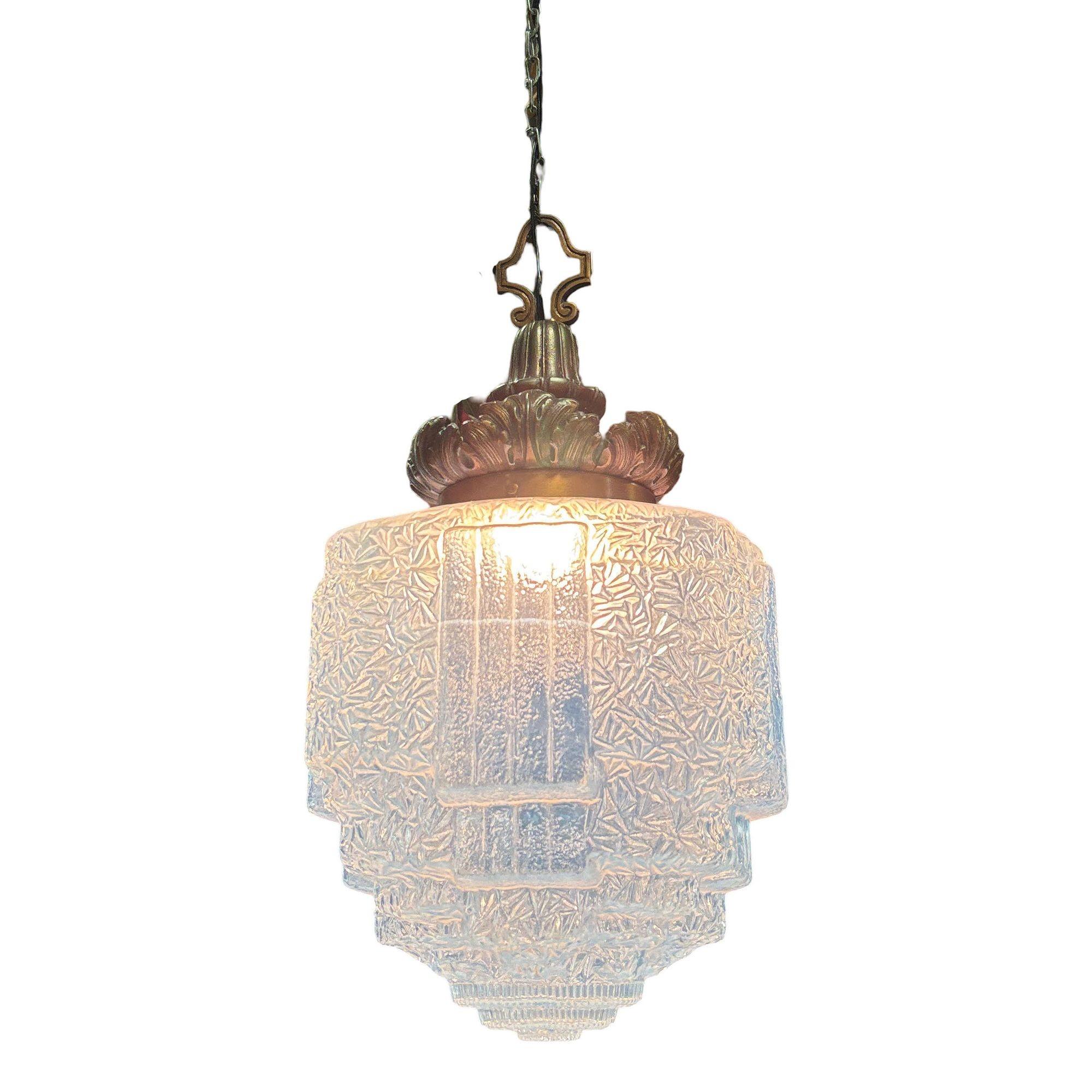 Art Deco Copper Acanthus Leaf Pendant Light w Skyscraper Cobalt Blue Glass Shade For Sale 3