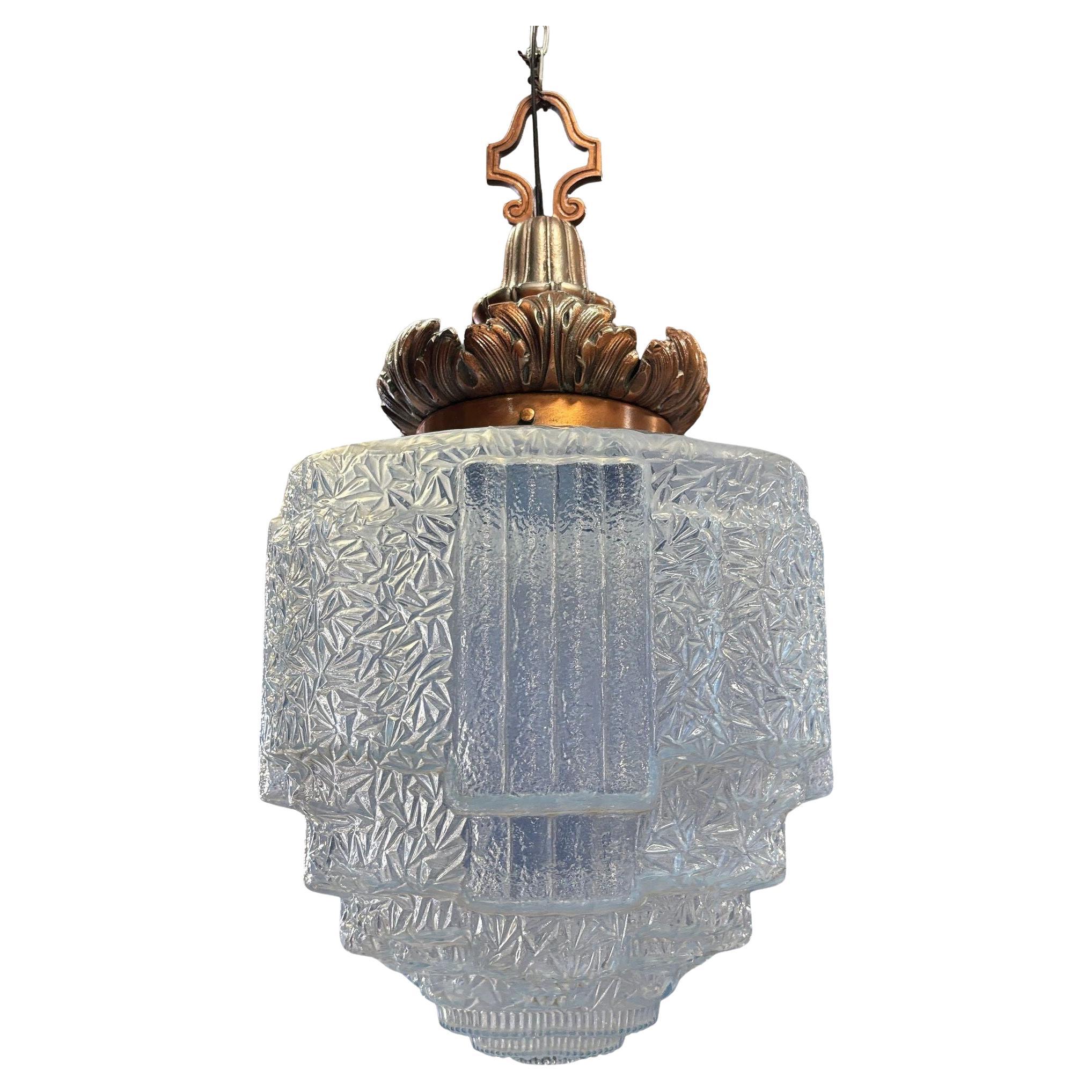Art Deco Copper Acanthus Leaf Pendant Light w Skyscraper Cobalt Blue Glass Shade For Sale