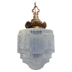 Art Deco Kupfer Akanthus Blatt Pendelleuchte w Skyscraper Kobaltblau Glasschirm