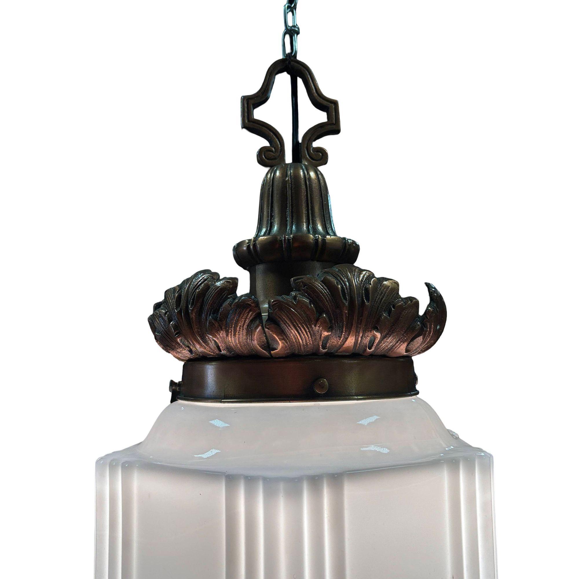 Art Deco Copper Acanthus Leaf Pendant Light w/ Skyscraper Milk Glass Shade In Excellent Condition For Sale In Van Nuys, CA