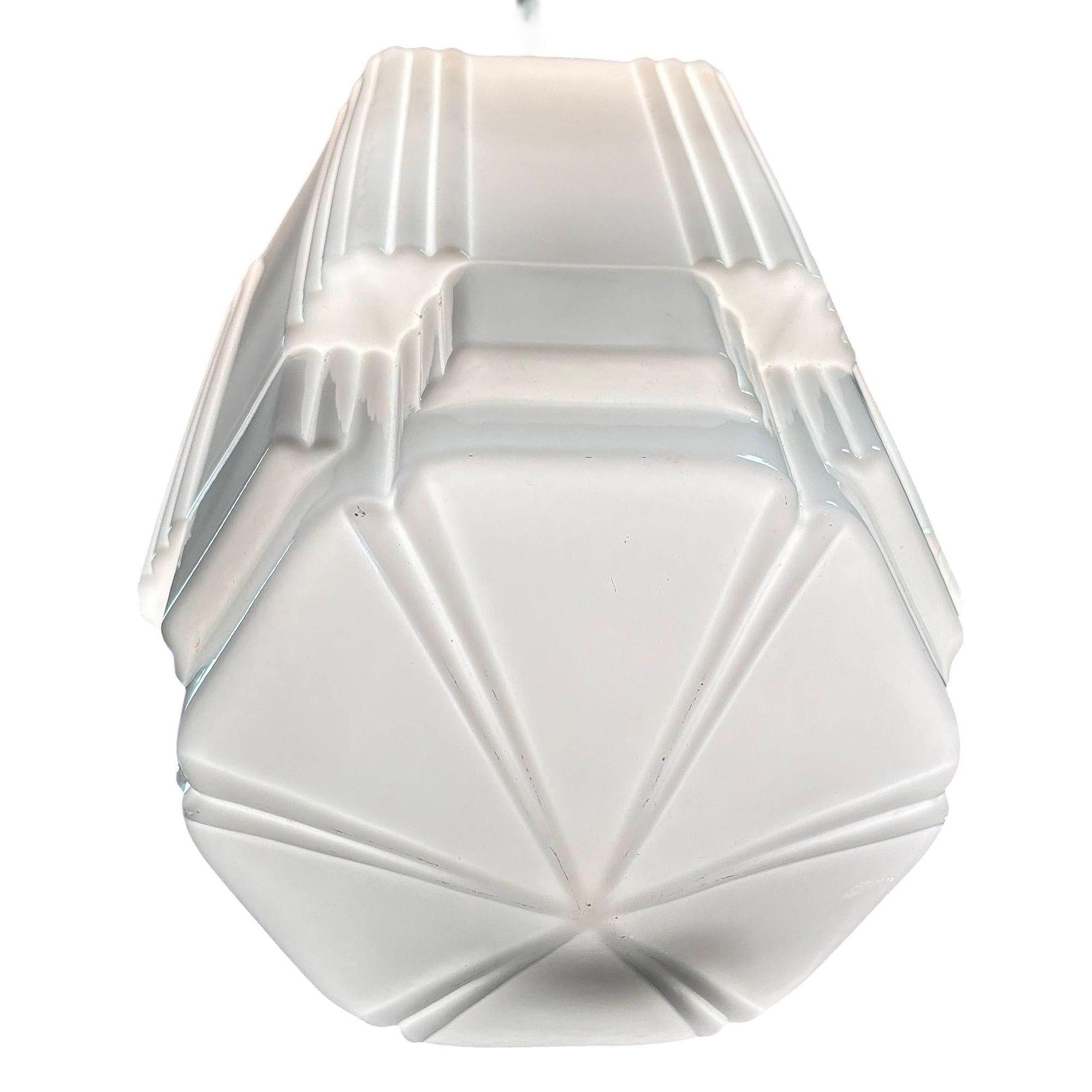 Mid-20th Century Art Deco Copper Acanthus Leaf Pendant Light w/ Skyscraper Milk Glass Shade For Sale