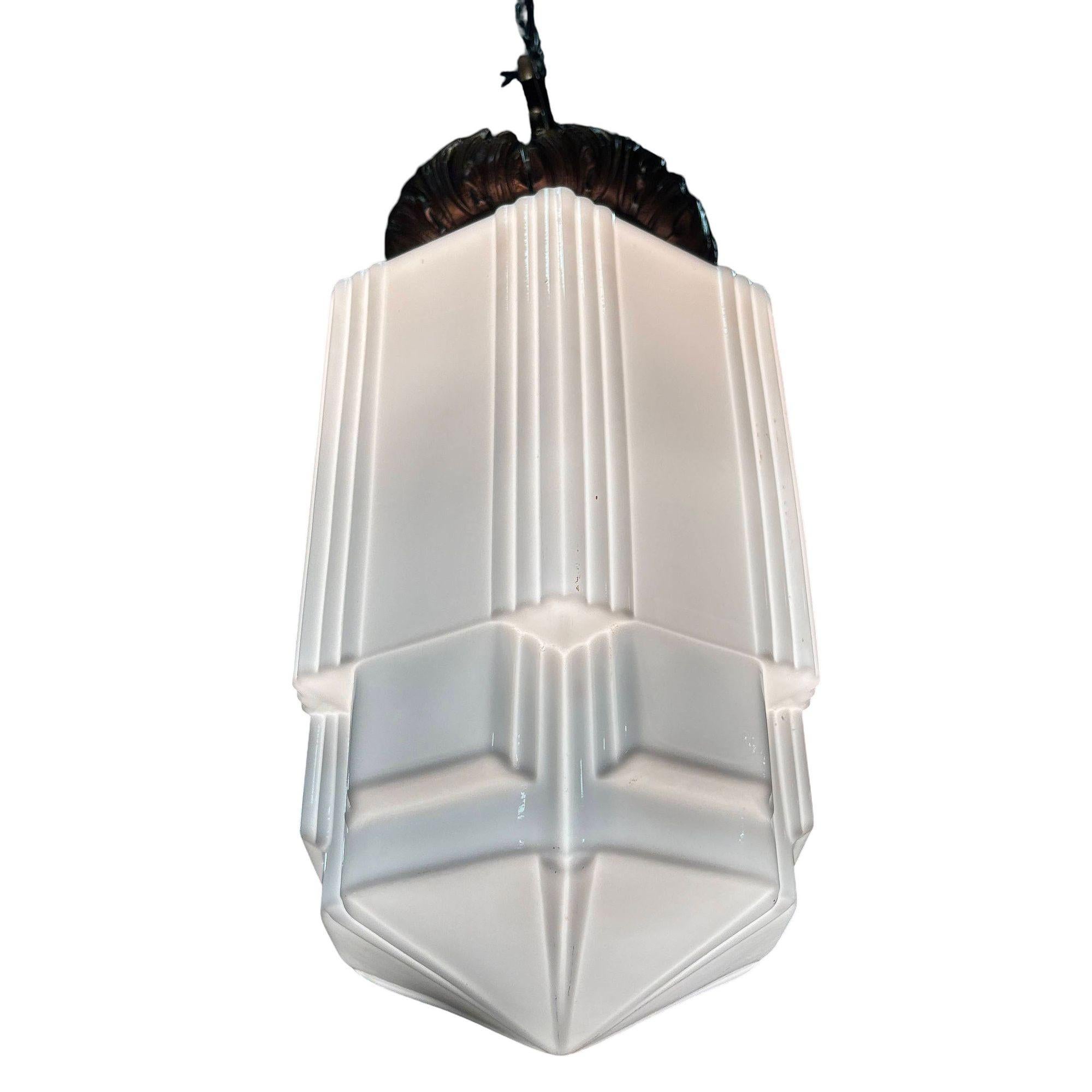 Brass Art Deco Copper Acanthus Leaf Pendant Light w/ Skyscraper Milk Glass Shade For Sale