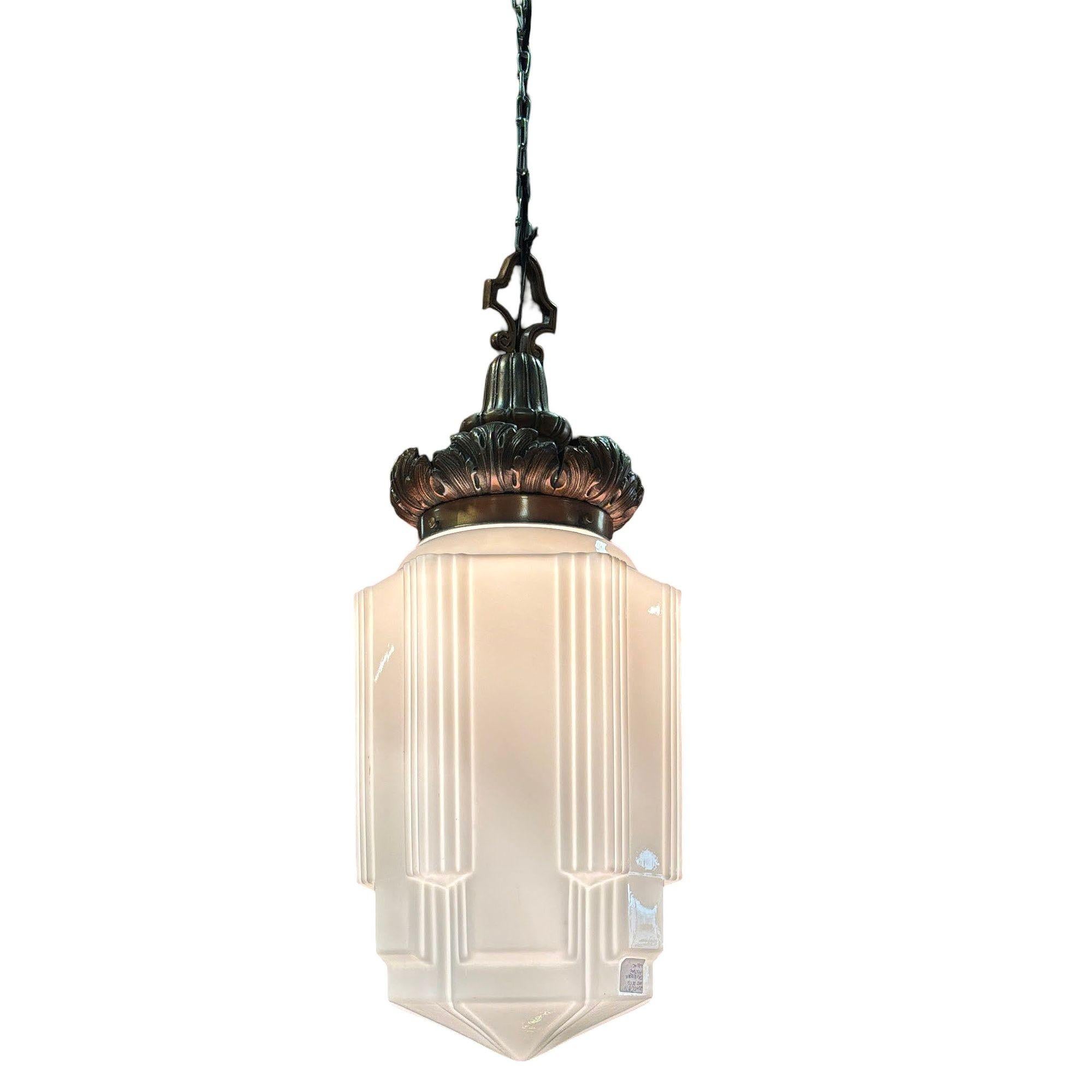 Art Deco Copper Acanthus Leaf Pendant Light w/ Skyscraper Milk Glass Shade For Sale 1