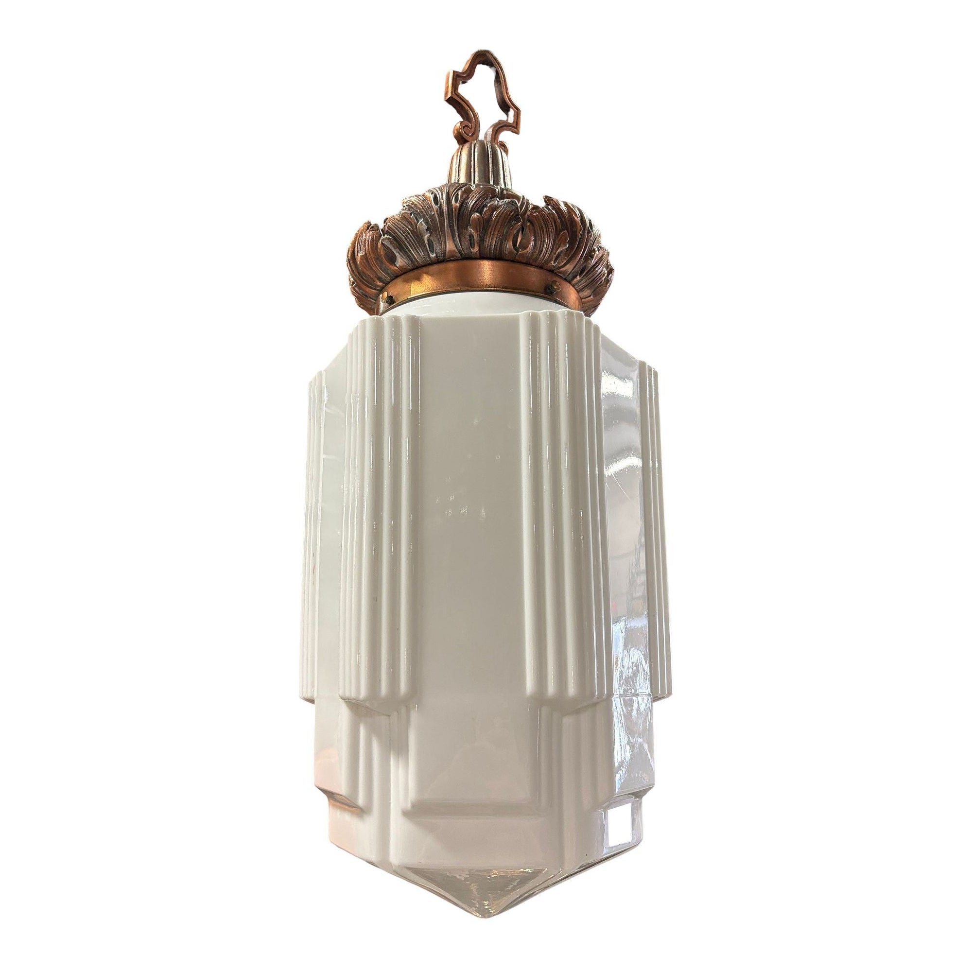 Art Deco Copper Acanthus Leaf Pendant Light w/ Skyscraper Milk Glass Shade For Sale