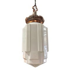 Art Deco Copper Acanthus Leaf Pendant Light w/ Skyscraper Milk Glass Shade