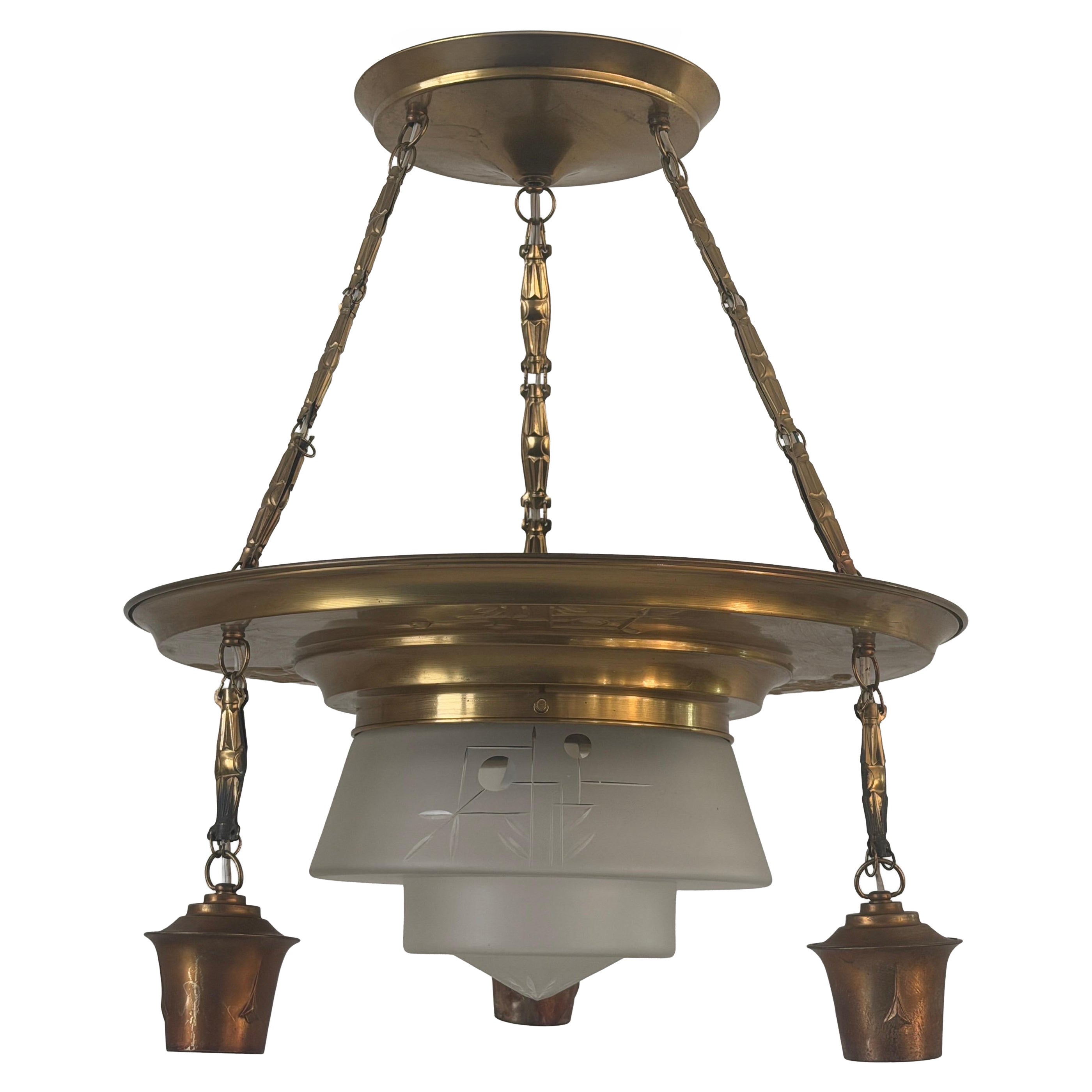 Art Deco Copper and Glass Ceiling Lamp, 1940s, Germany For Sale