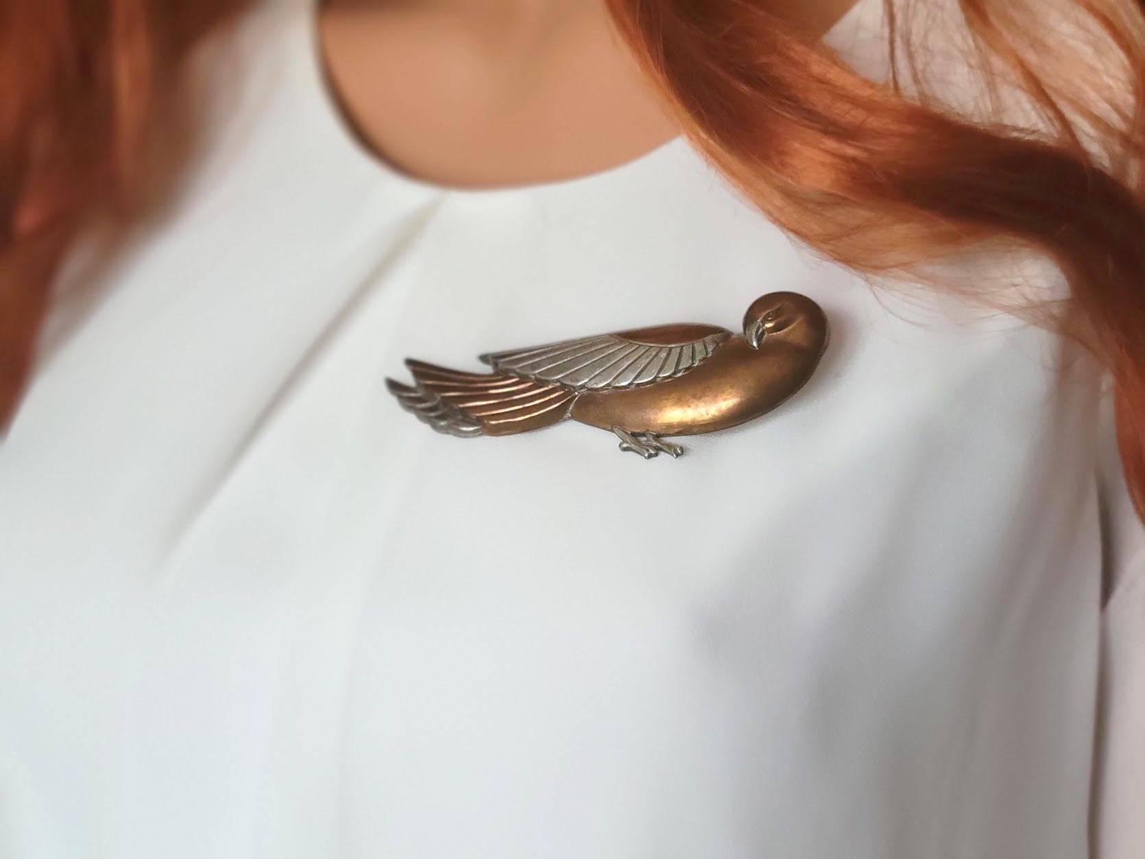 Art Deco Copper and Silver Dove Bird Brooch Pin For Sale 3