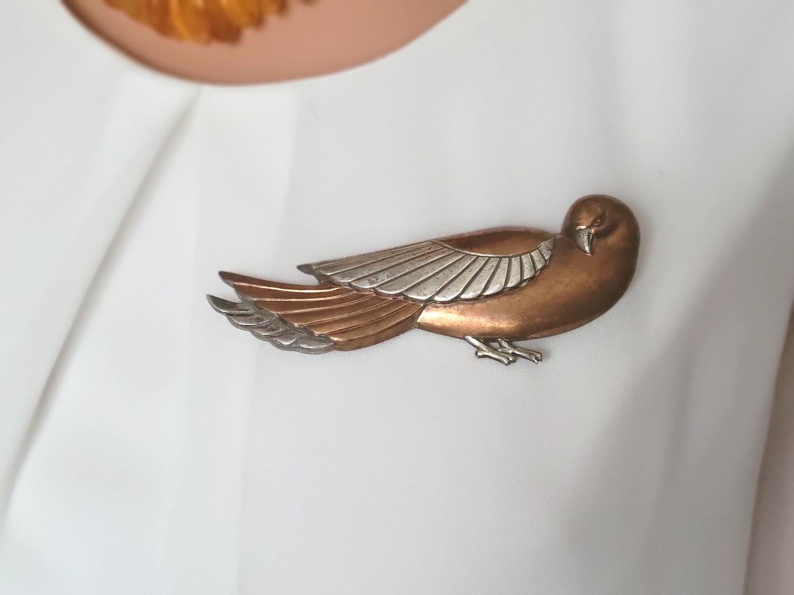 Art Deco Copper and Silver Dove Bird Brooch Pin In Good Condition For Sale In Chesterland, OH