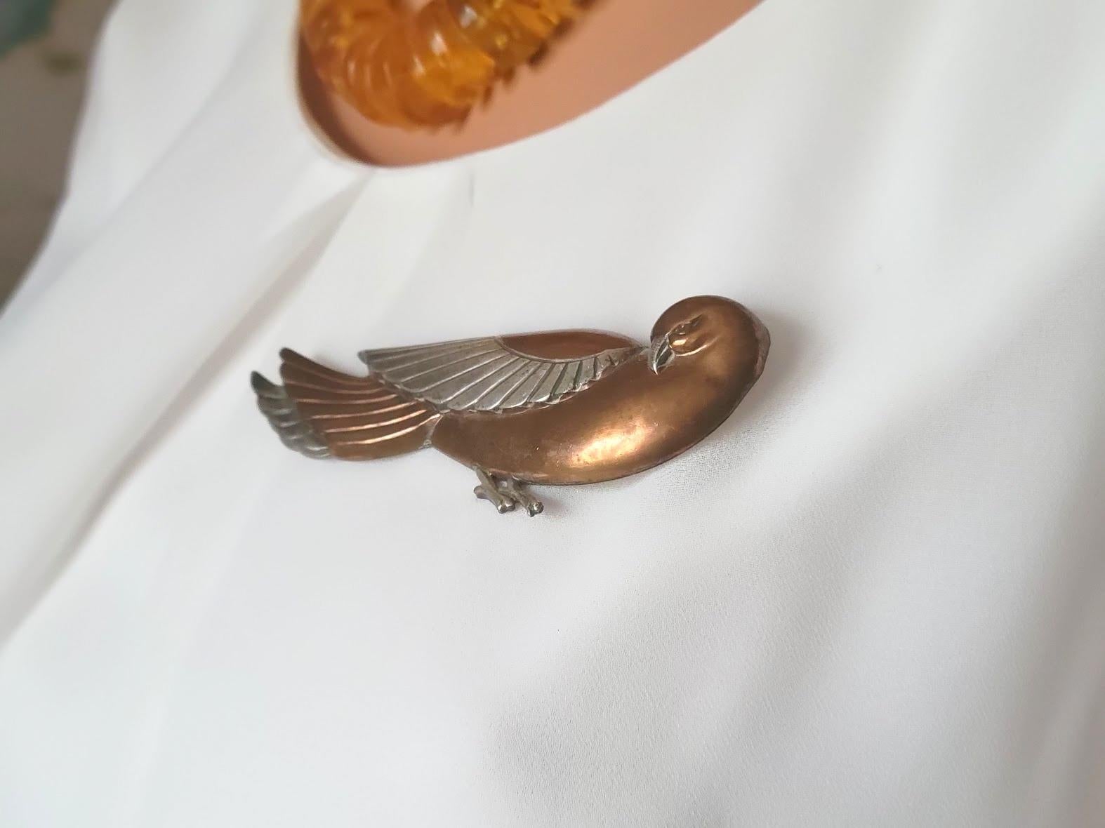 Women's or Men's Art Deco Copper and Silver Dove Bird Brooch Pin For Sale