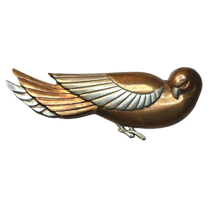 Art Deco Kupfer und Silber Taube Vogel Brosche Anstecknadel im Angebot