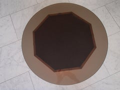 Art Deco Copper Bar Table on Wheels with Turnable Tray Inside and Glass Top