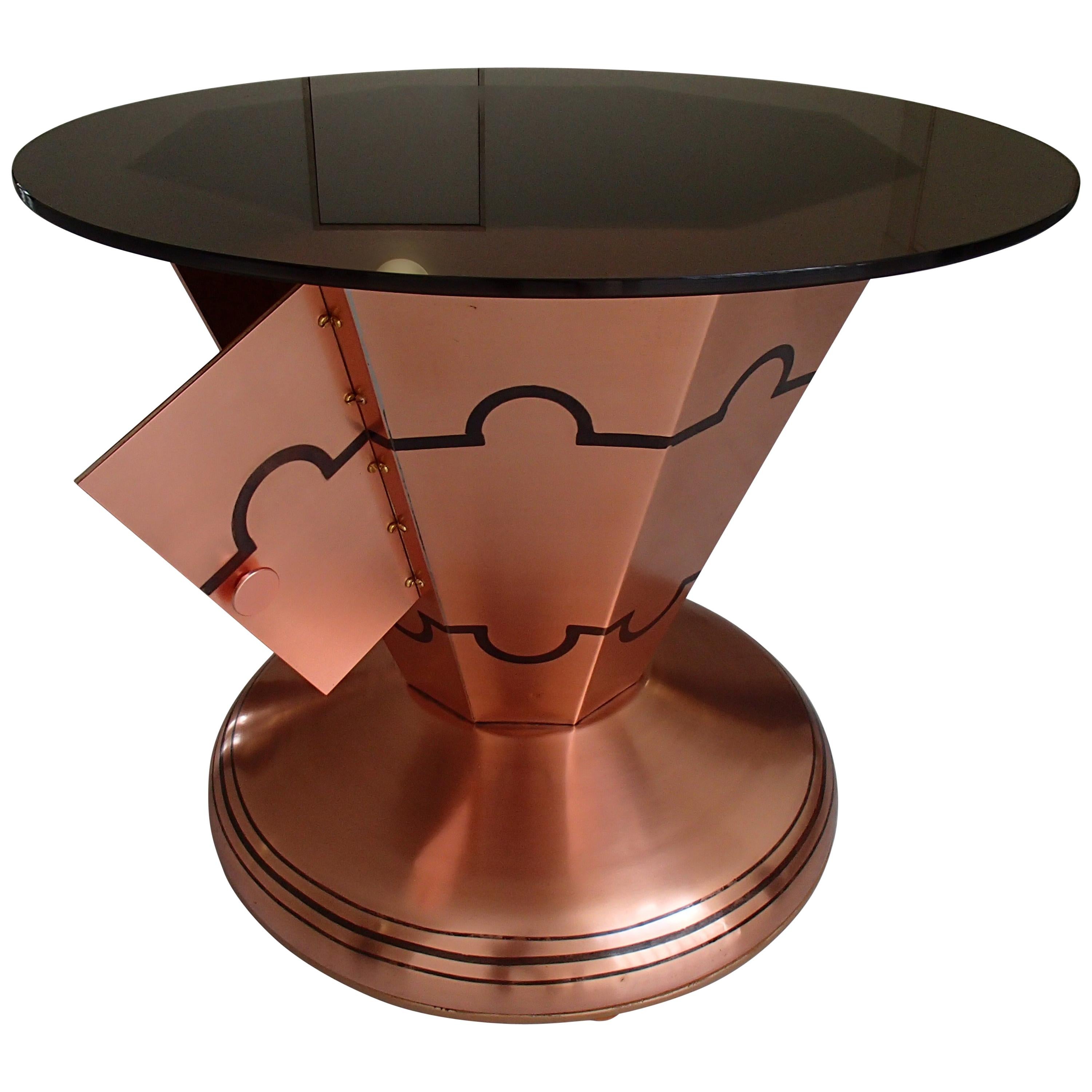 Art Deco Copper Bar Table on Wheels with Turnable Tray Inside and Glass Top