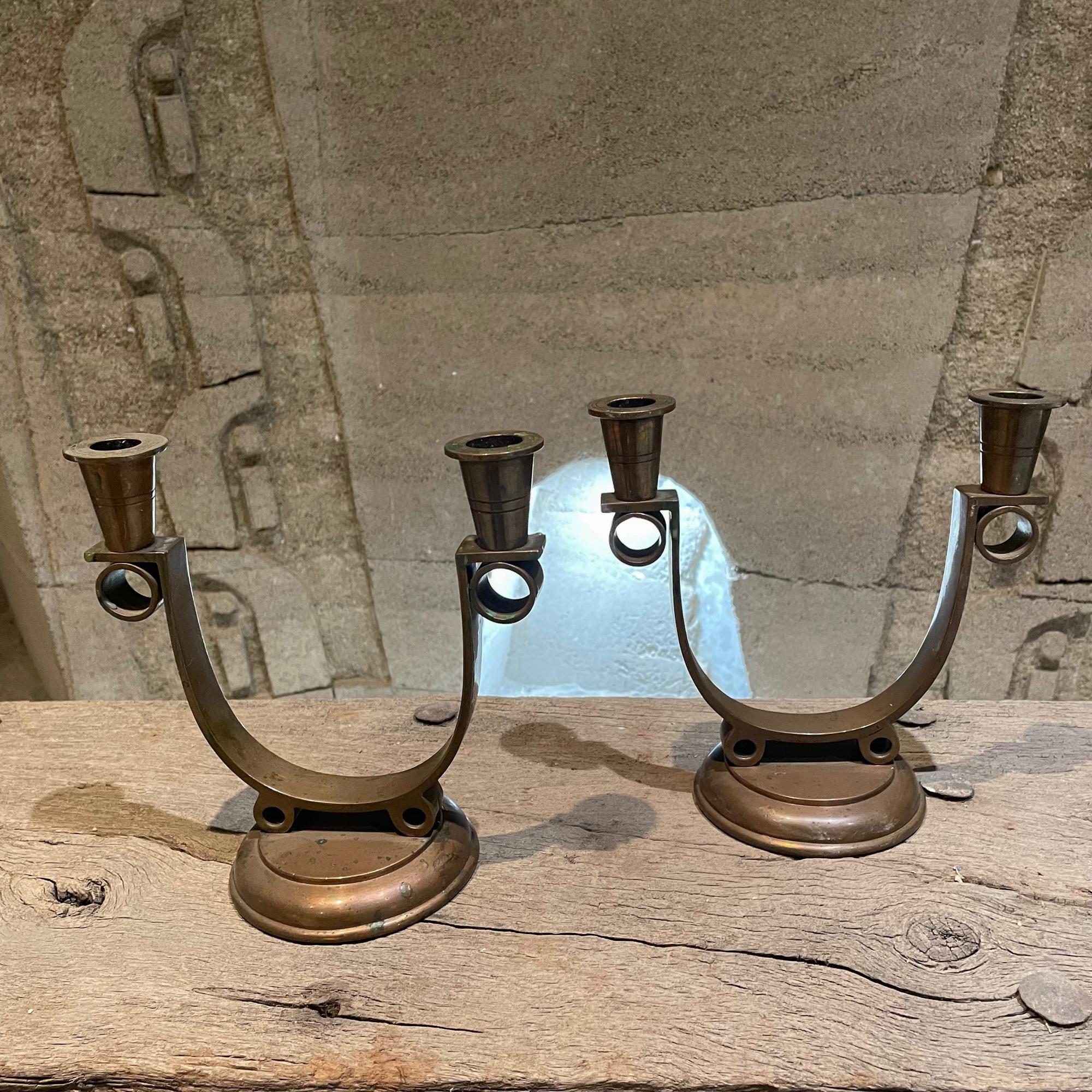 Art Deco Copper Candle Stick Holder Double Swoop Arm Pair Roycroft NY In Good Condition In Chula Vista, CA