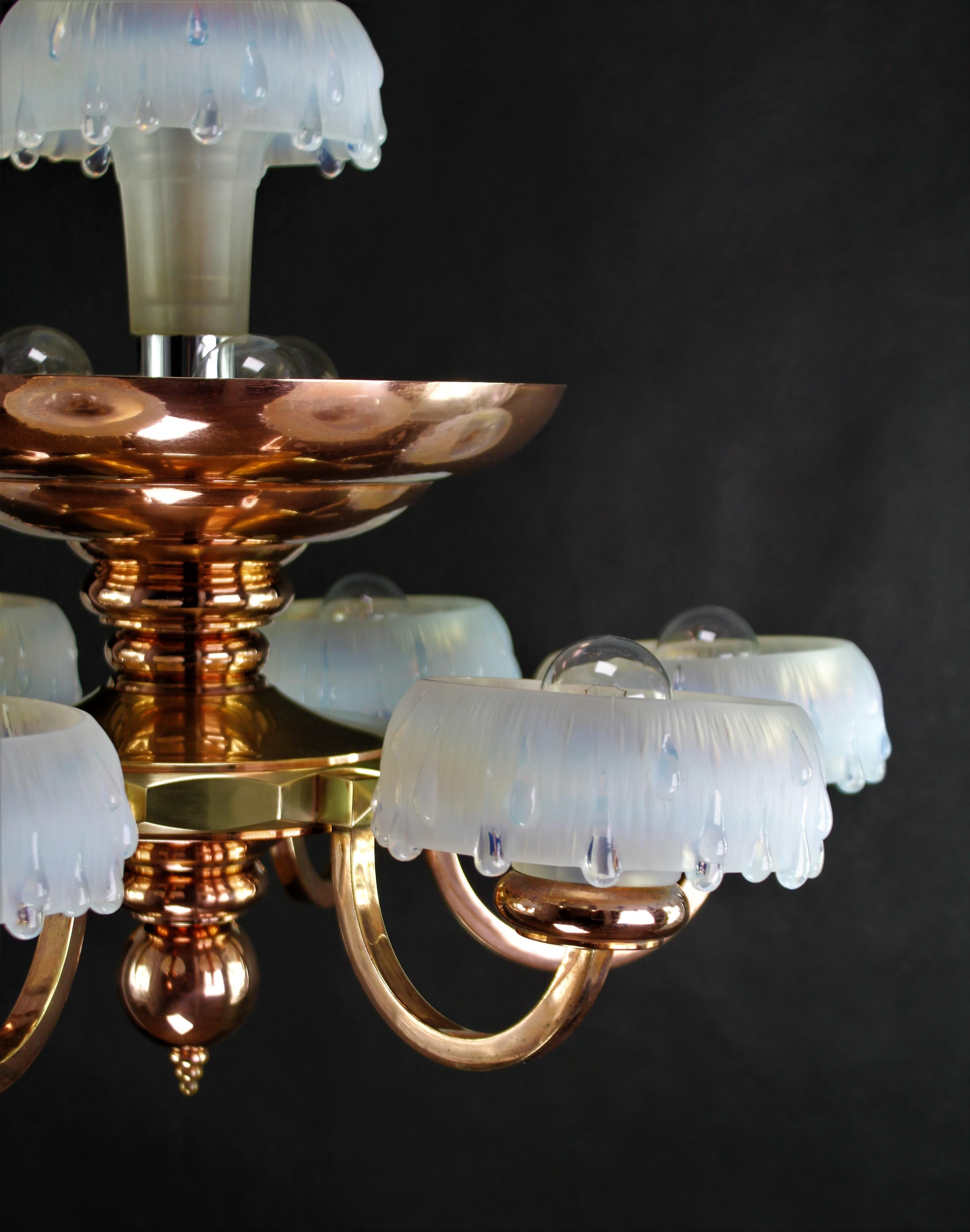 French Art Deco Copper Chandelie, Ezan Glass, 1930s For Sale
