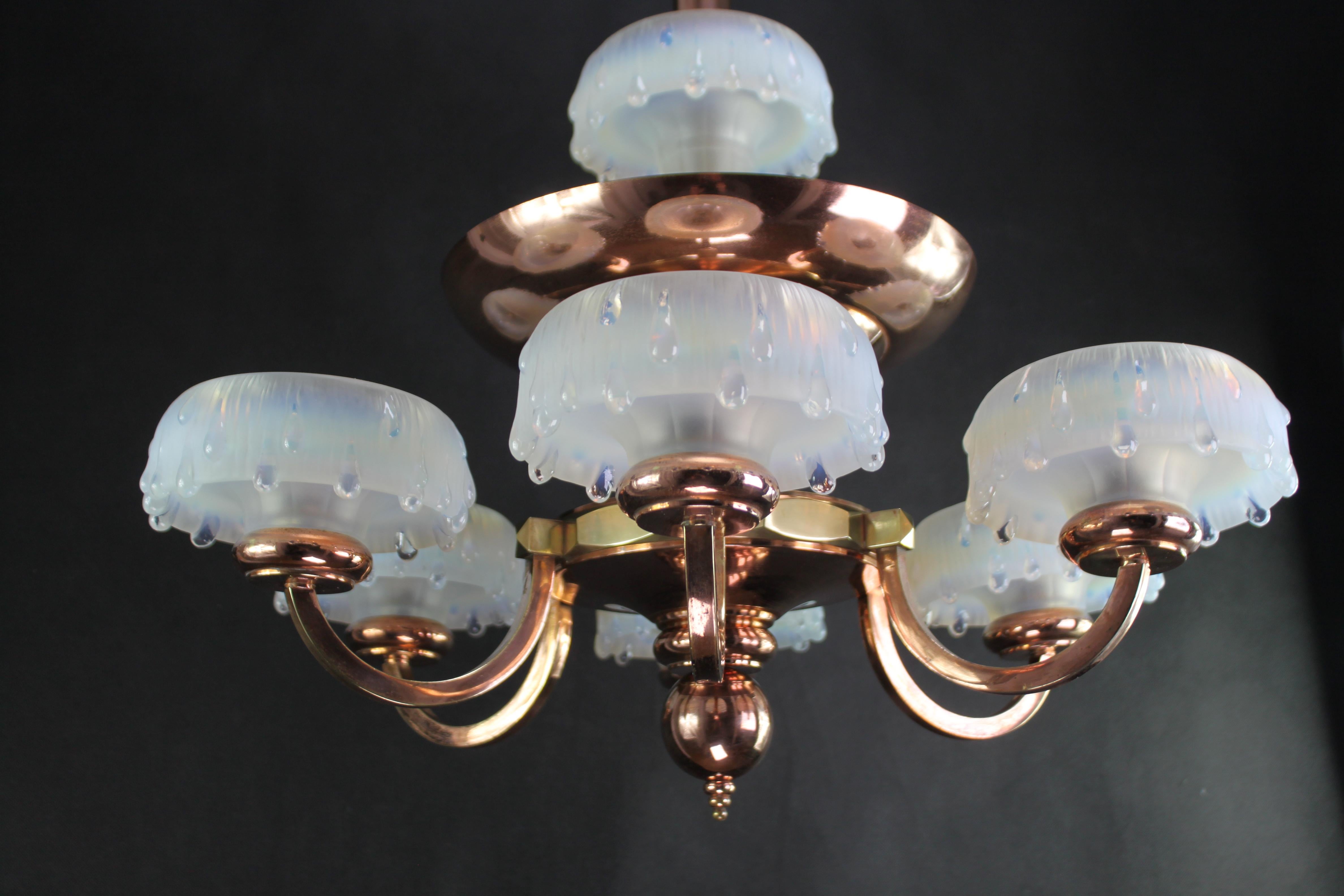 Mid-20th Century Art Deco Copper Chandelie, Ezan Glass, 1930s For Sale