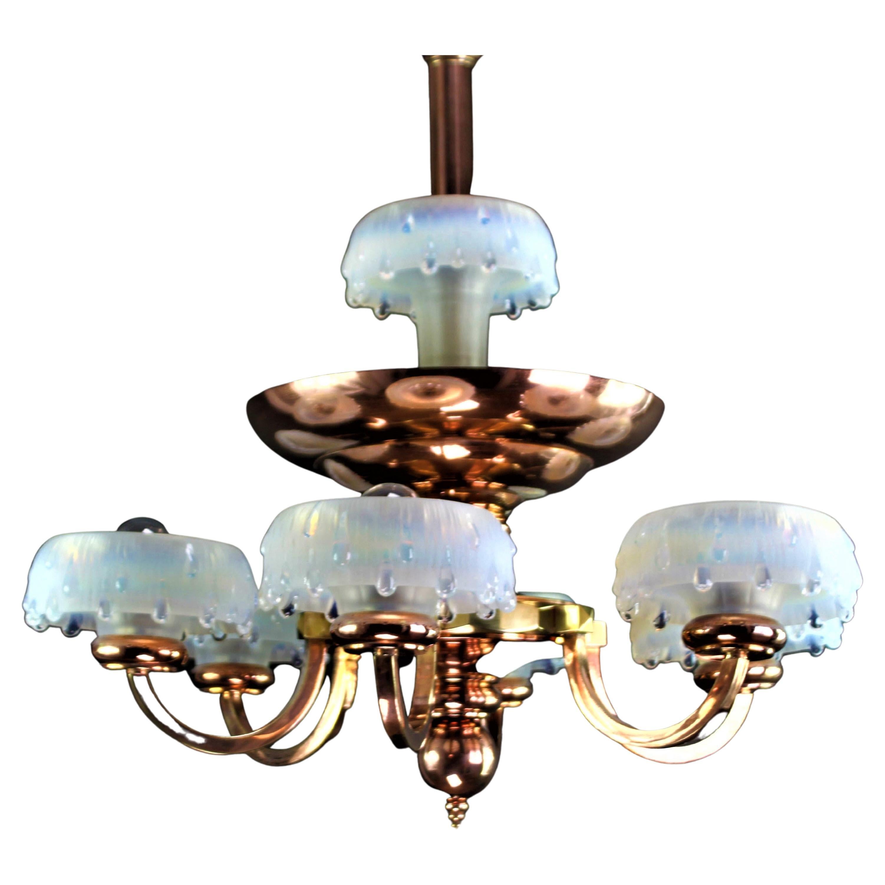 Art Deco Copper Chandelie, Ezan Glass, 1930s For Sale