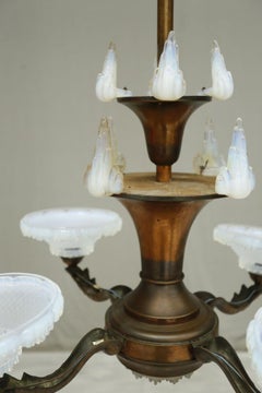 Art Deco copper chandelier - vaseline glass 4 arms