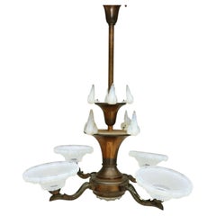 Art Deco copper chandelier - vaseline glass 4 arms