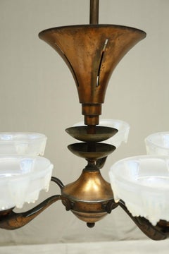 Art Deco Copper Chandelier, Vaseline Glass 5 Arm