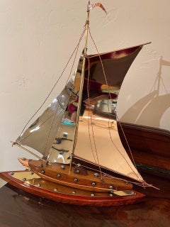 Art Deco Copper, Chrome, Brass and Wooden Sailing Boat Sculpture