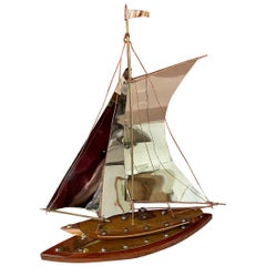 Retro Art Deco Copper, Chrome, Brass and Wooden Sailing Boat Sculpture