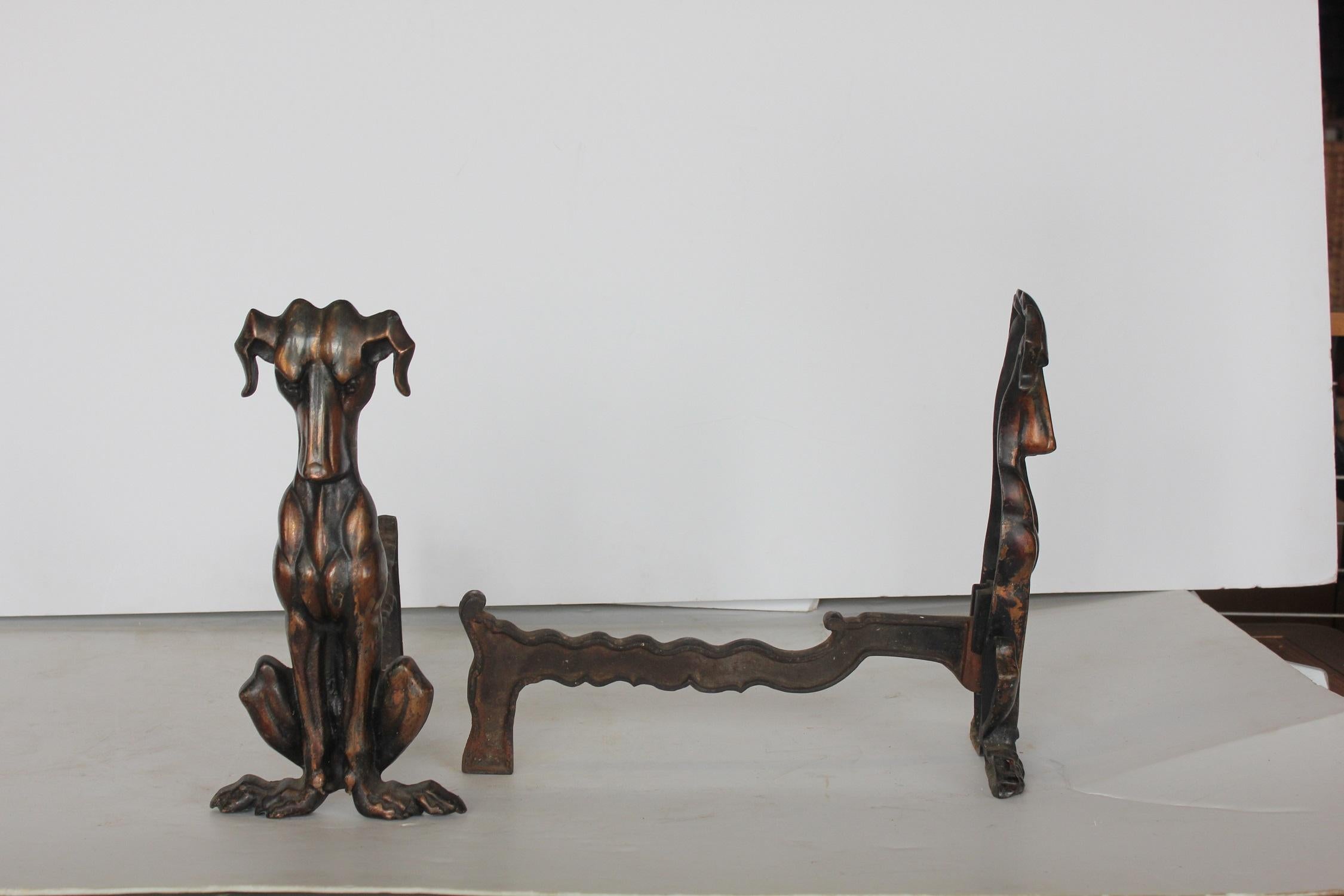 American Art Deco Copper Dog Andirons For Sale