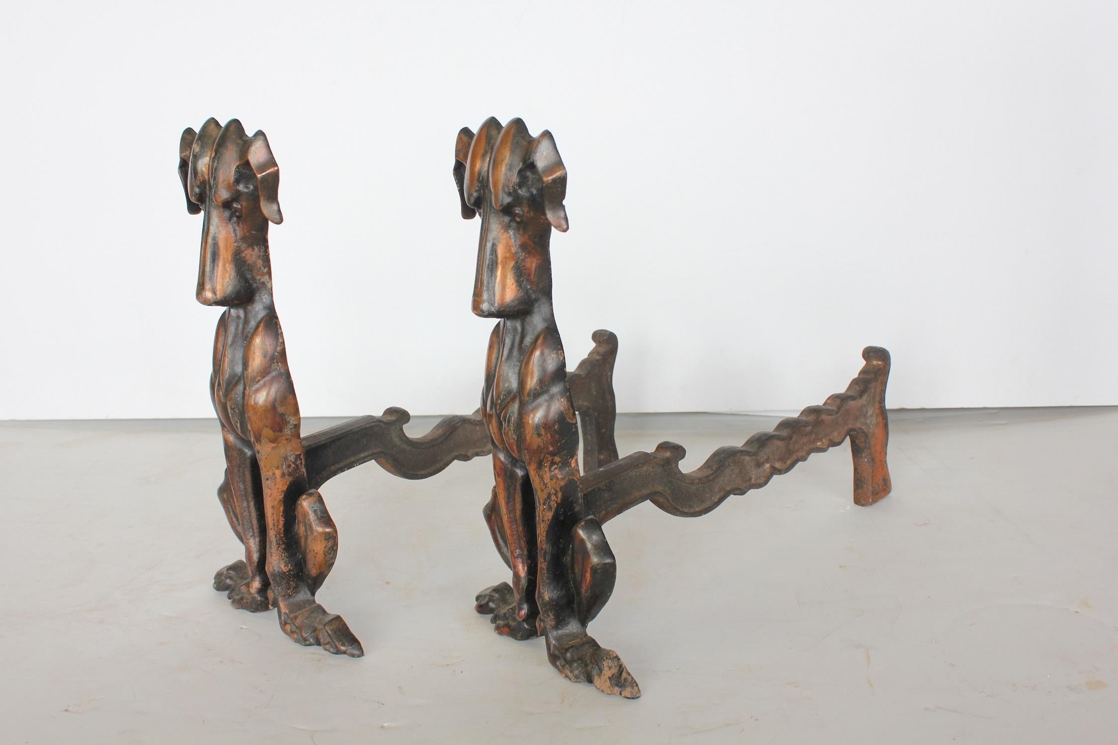 Art Deco Copper Dog Andirons In Good Condition For Sale In Chicago, IL