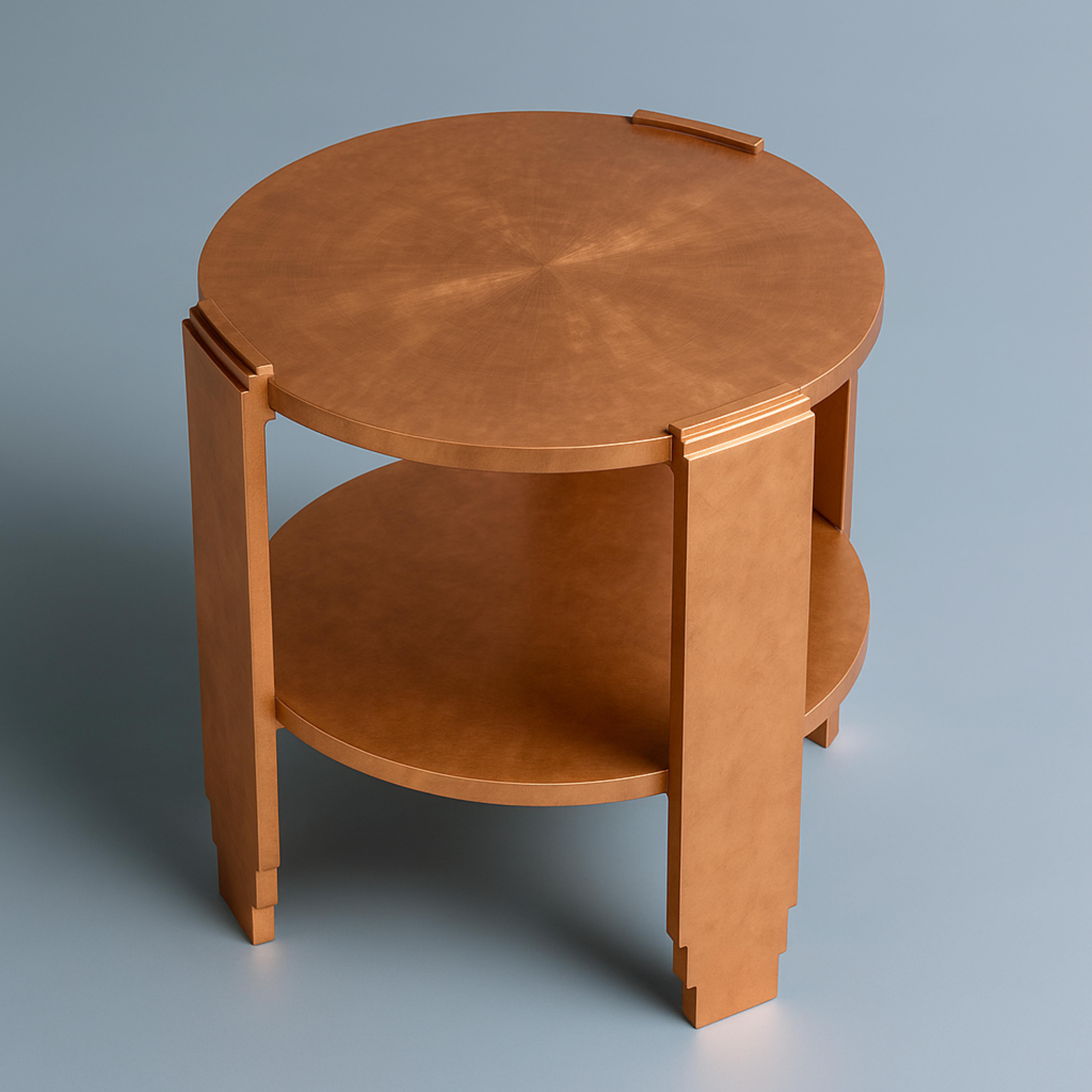 An Art Deco copper gilt  round coffee table of inlaid walnut and a beautiful center, three legs and a circular base.

Great to be included in maximalist as well as Art Deco and Mid Century Modern interiors.

Take into account that the colors on the