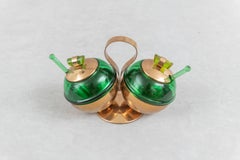 Art Deco Copper and Green Glass Double Condiment Set, circa 1930s