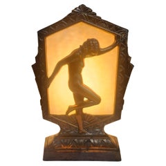 Art Deco Copper & Iron w Slag Glass Table Lamp Nude Dancing Female C1935