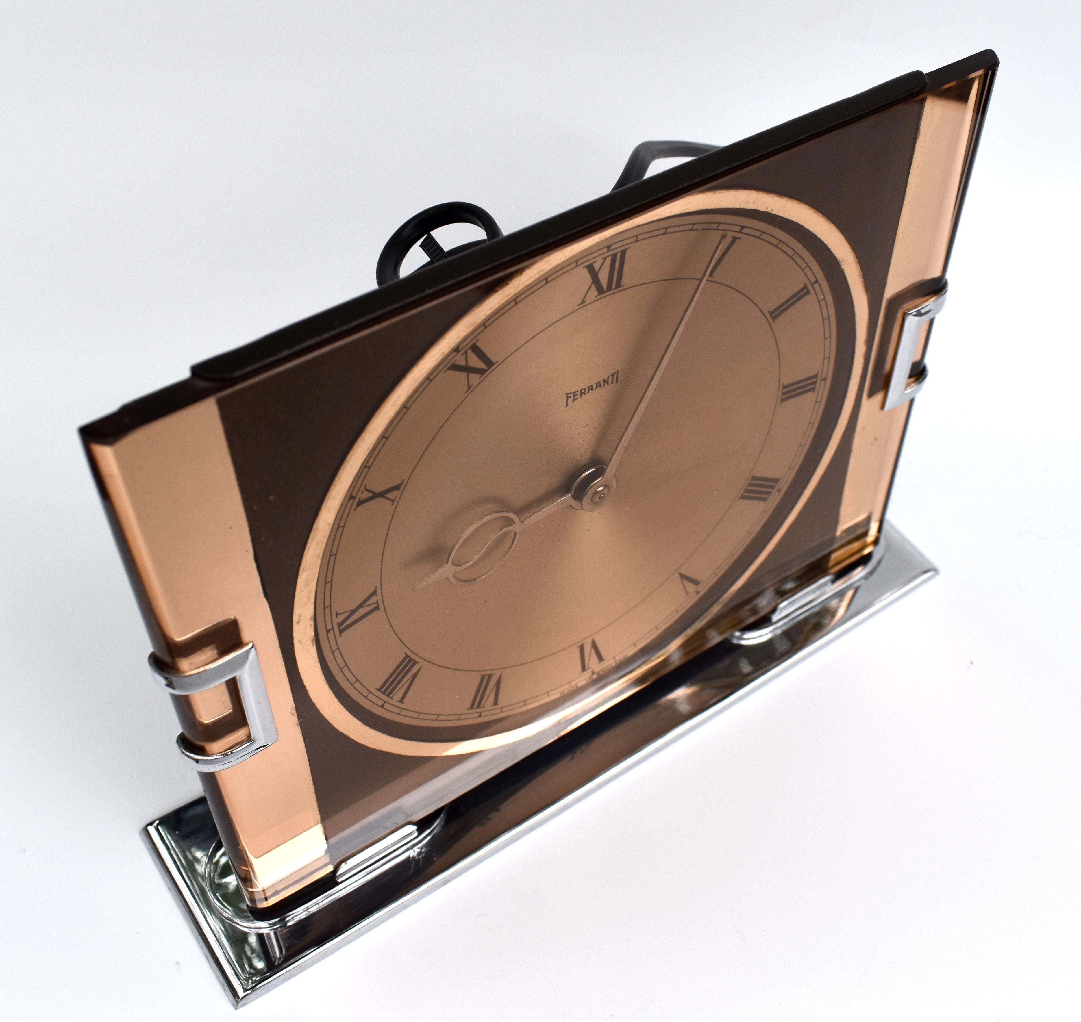 Art Deco Copper Mirror Electric Clock by Ferranti, English, C1930 In Good Condition For Sale In Devon, England