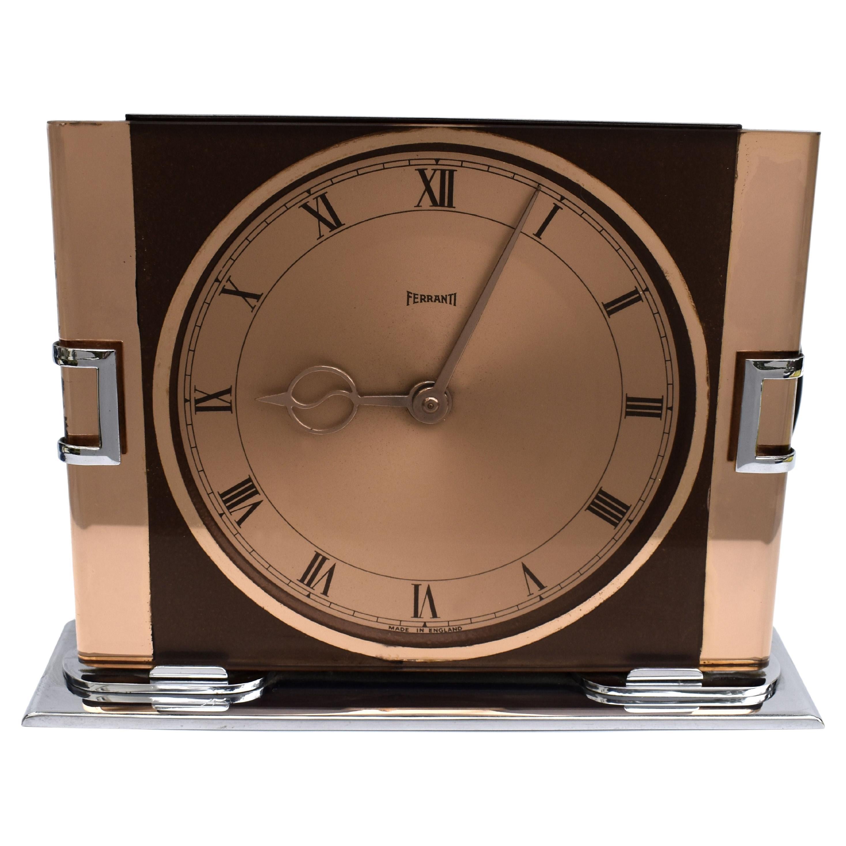 Horloge électrique Art Déco avec miroir en cuivre par Ferranti, Angleterre, C1930