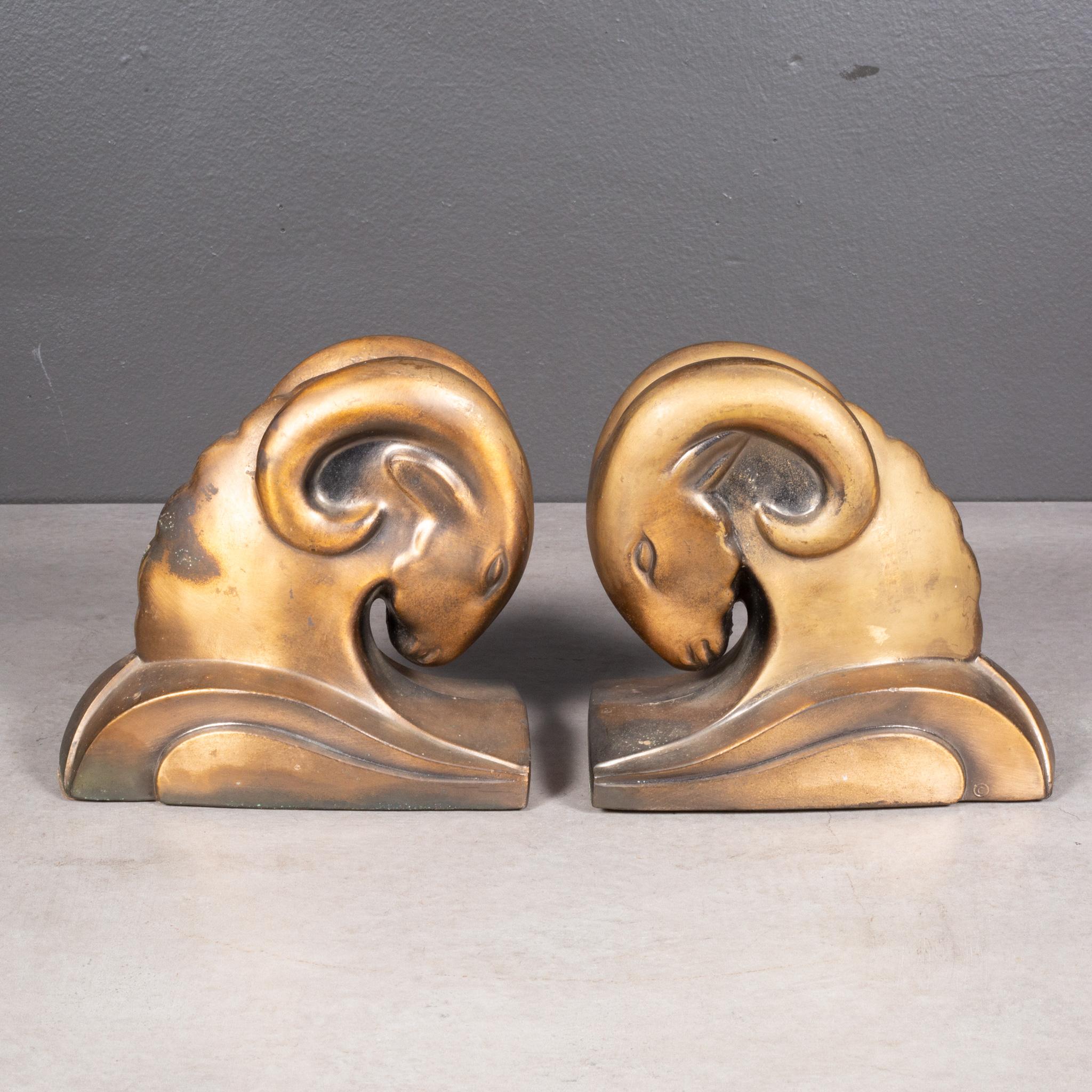 Plated Art Deco Ram's Head Bookends by Cornell Foundry, circa 1930-FREE SHIPPING For Sale