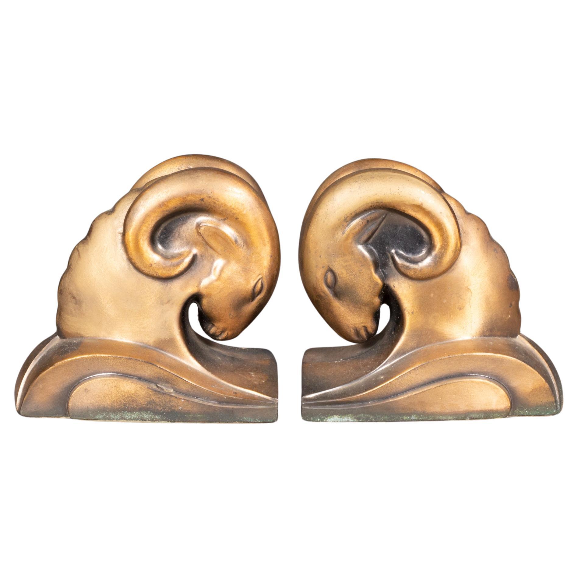 Art Deco Ram's Head Bookends by Cornell Foundry, circa 1930-FREE SHIPPING For Sale
