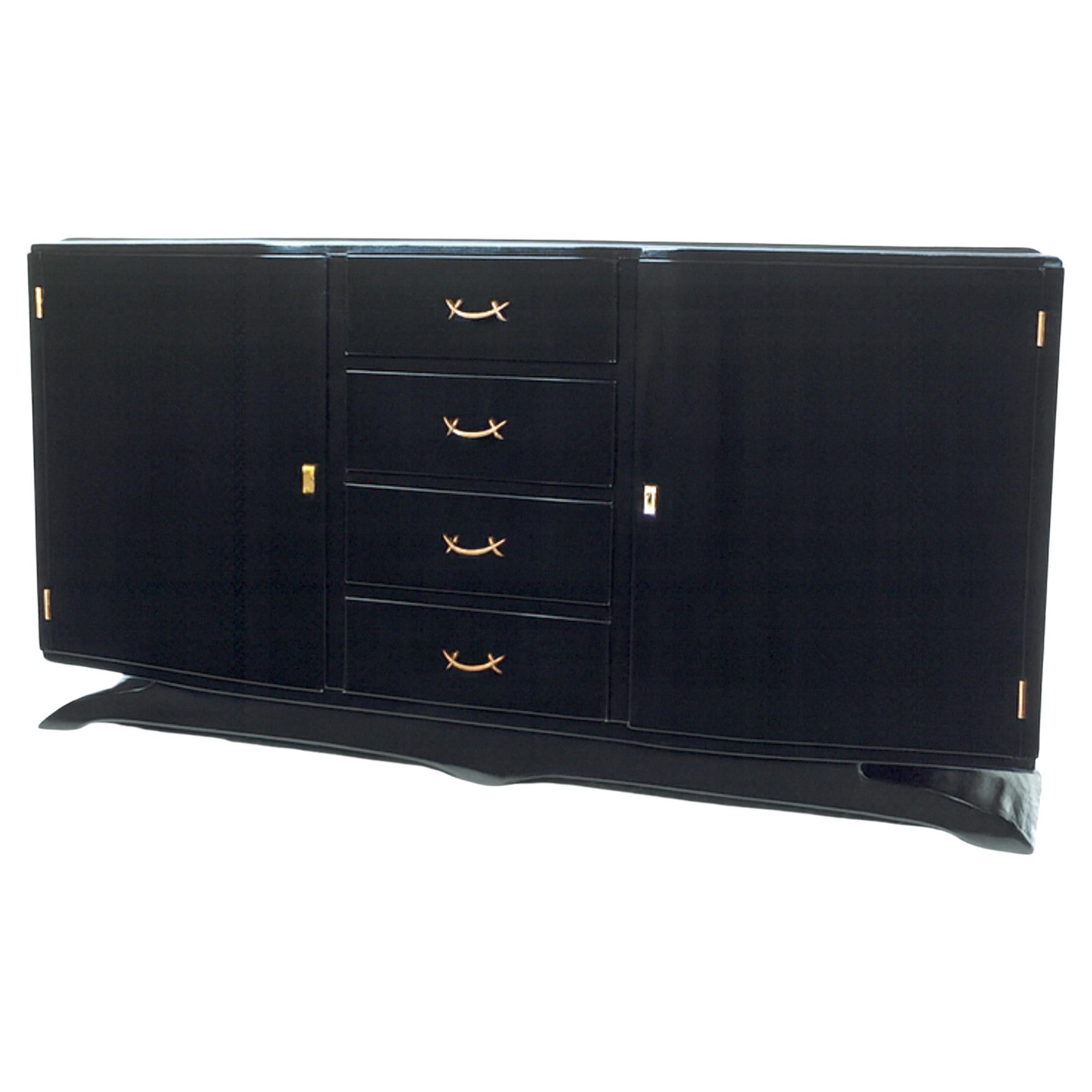 Credenza credenza Art Deco in lacca nera ramata, anni '40 in vendita