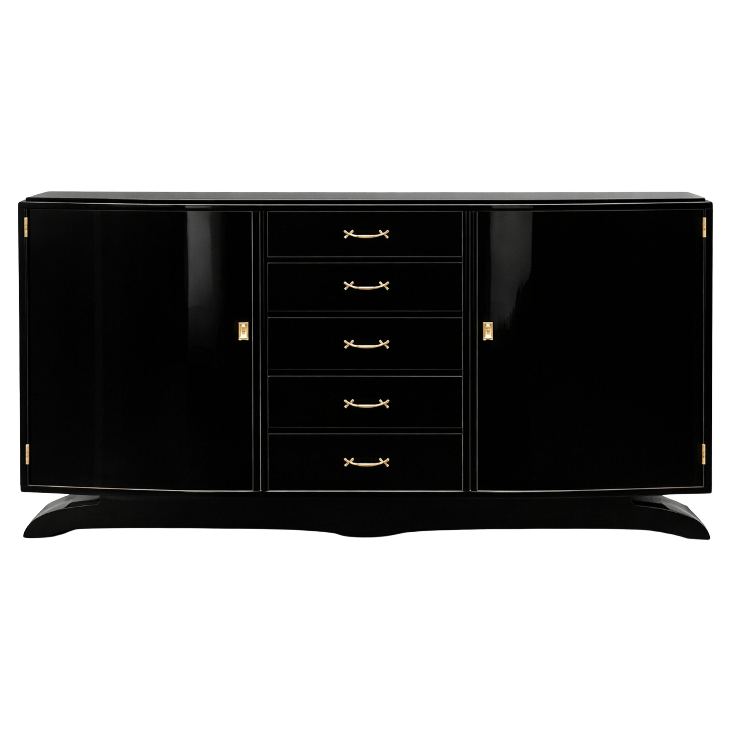 Aparador Credenza Art Déco Cobreado Laca Negra, Década de 1940