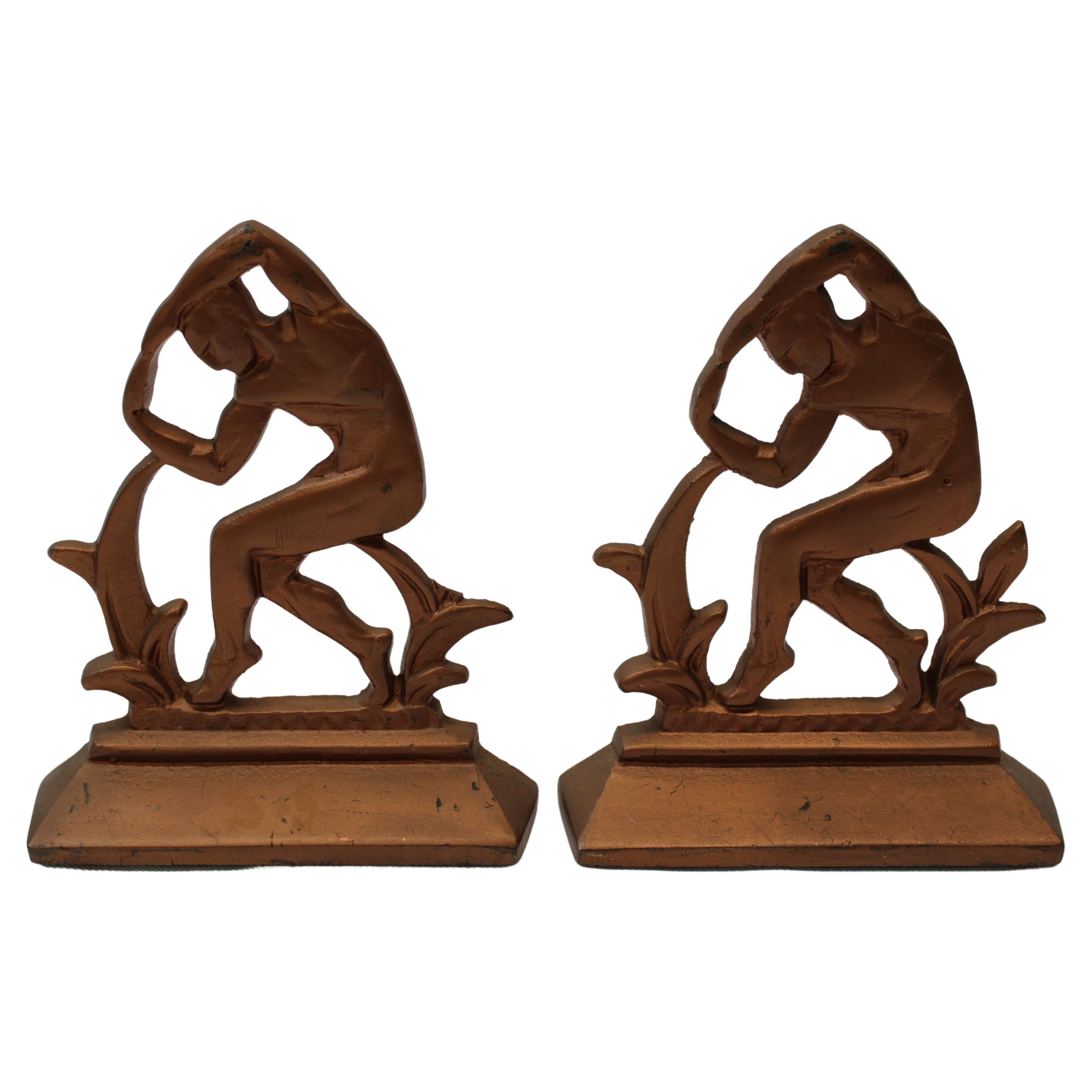 Art Deco Copper-tone "Strong Man" Bookends For Sale