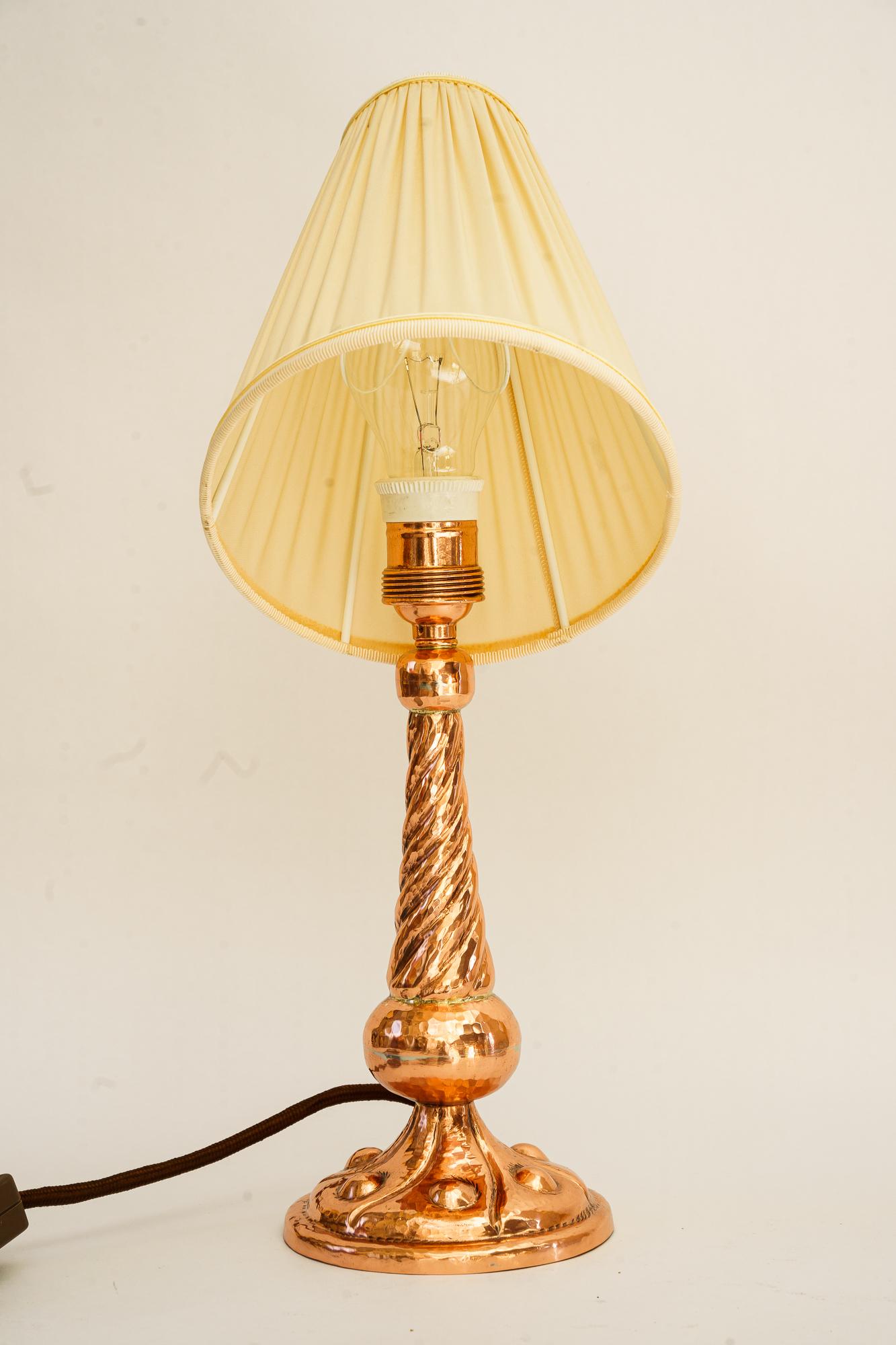 Polished Art Deco Copper Table lamp with fabric shade vienna around 1920s  For Sale