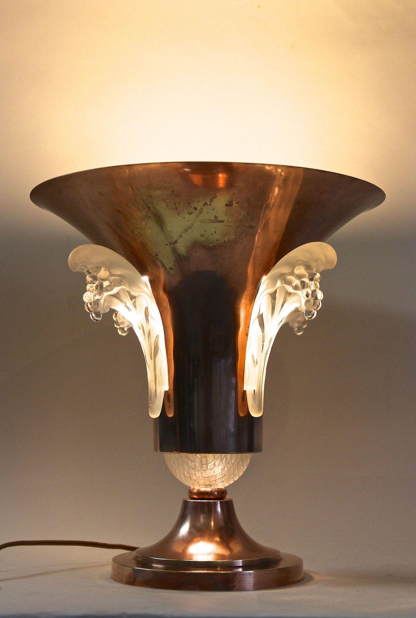 Art Deco Copper Table Lamp with Lalique Glass Elements, France, circa 1925 For Sale 12