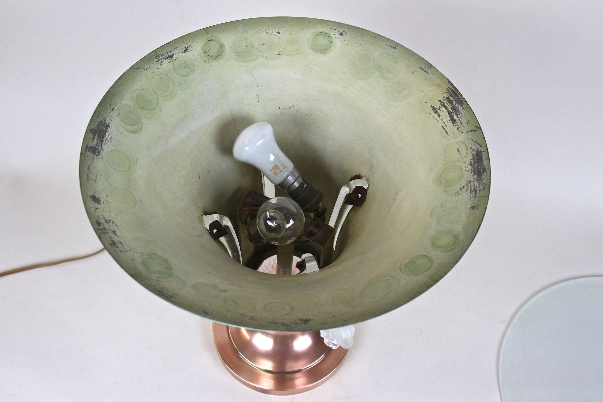 Art Deco Copper Table Lamp with Lalique Glass Elements, France, circa 1925 For Sale 14